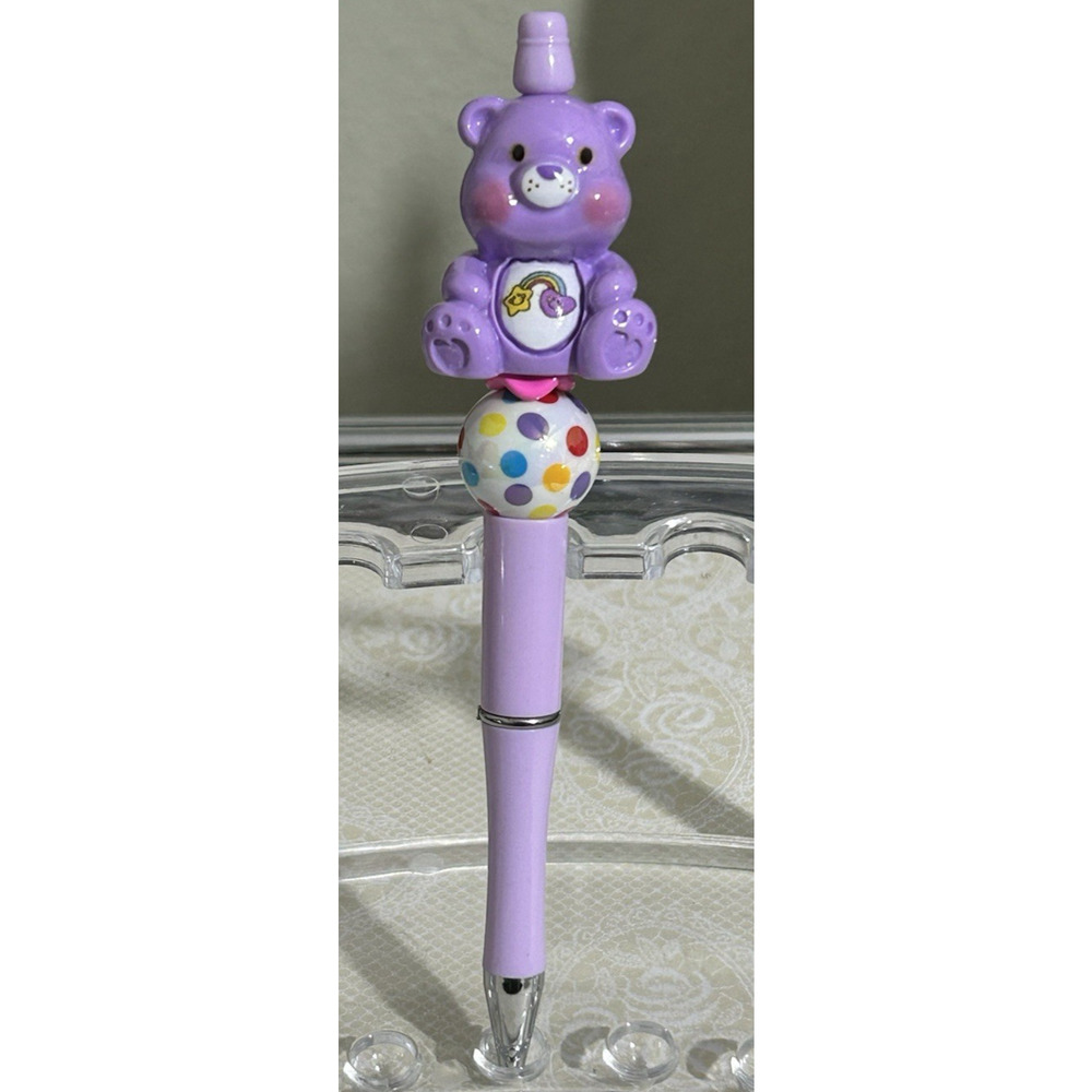 Custom Pen Teddy Bear Purple Beaded Acrylic Black Ink Unique Handmade Polka Dot